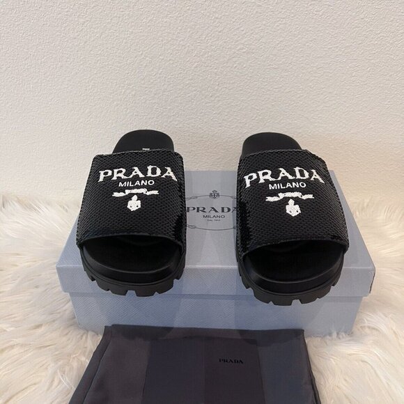 Prada Sequin Logo Paillettes Slide Monolith Plaque Lug Pool Flat 40 - Picture 2 of 10